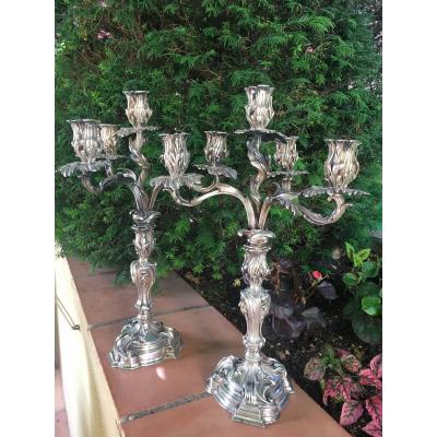 Pair Of Rocaille Style Silver Bronze Candlesticks