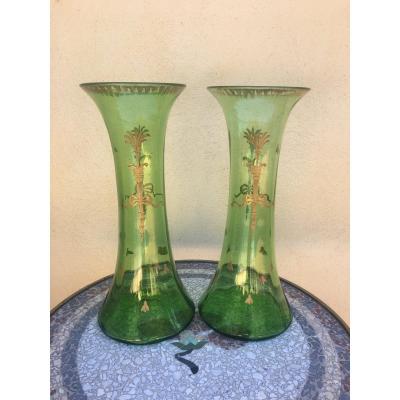Pair Of Empire Style Enamelled Glass Vase