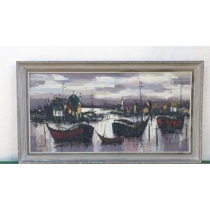 Barques Au Port Huile Sur Toile Vers 1950