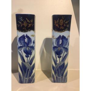 Paire De Vases Aux Iris En Opaline