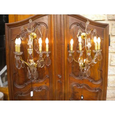 Large Bronze Sconces Pair And Criistal