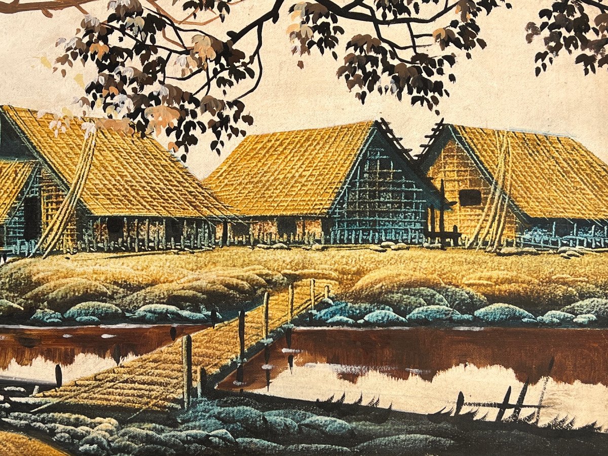 Landscape Painting On Framed Canvas, XXth Century, Burma-photo-3