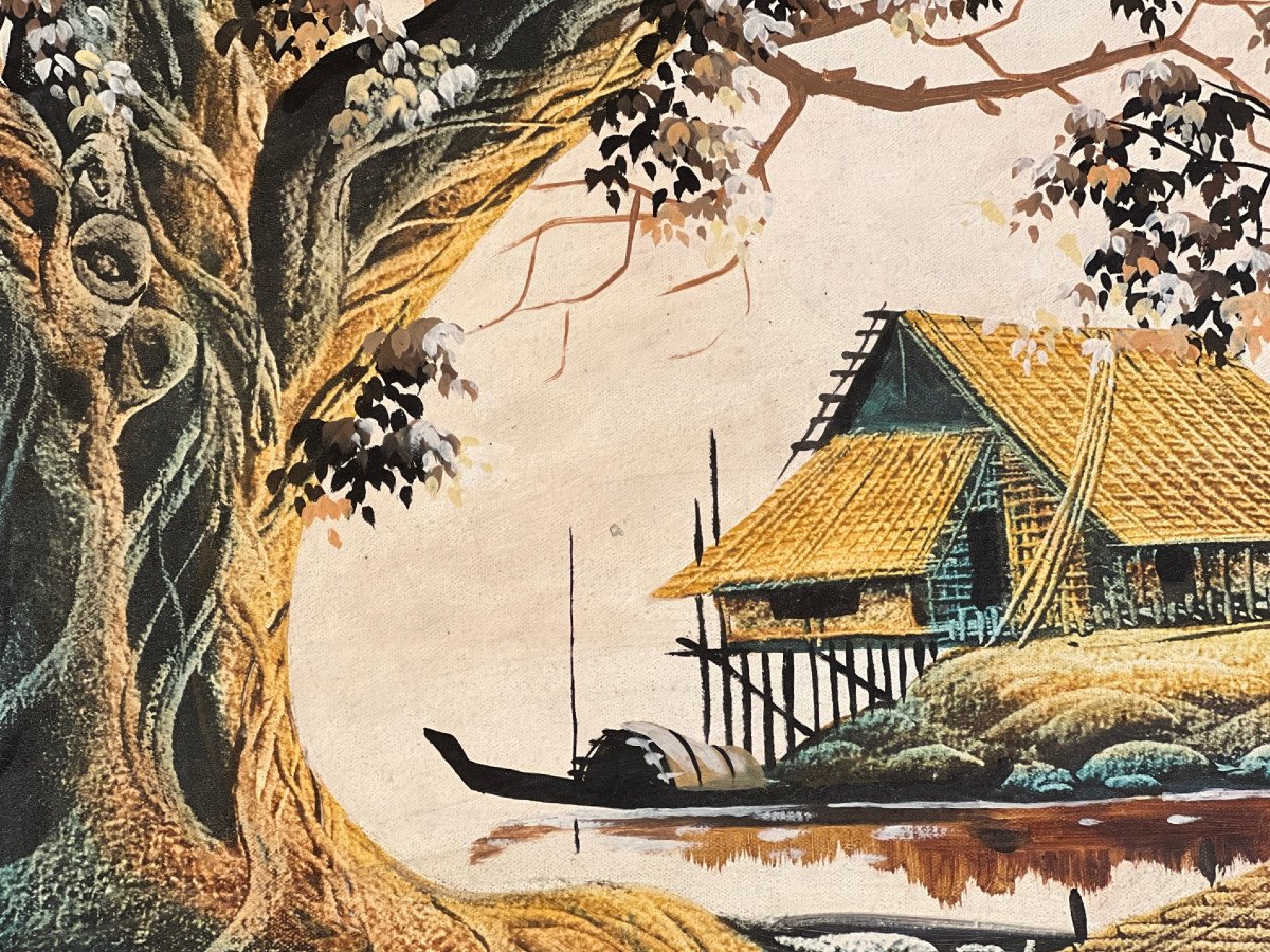 Landscape Painting On Framed Canvas, XXth Century, Burma-photo-4