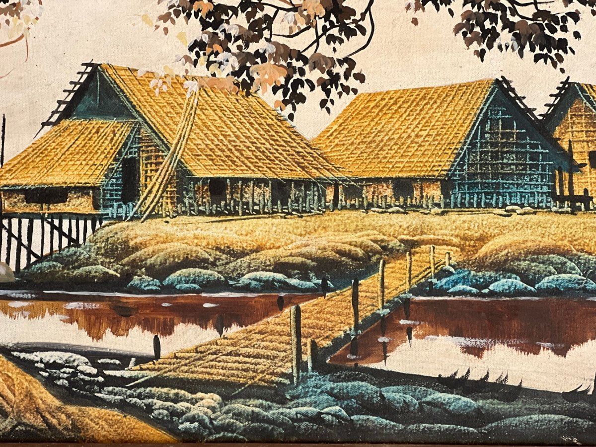 Landscape Painting On Framed Canvas, XXth Century, Burma-photo-6