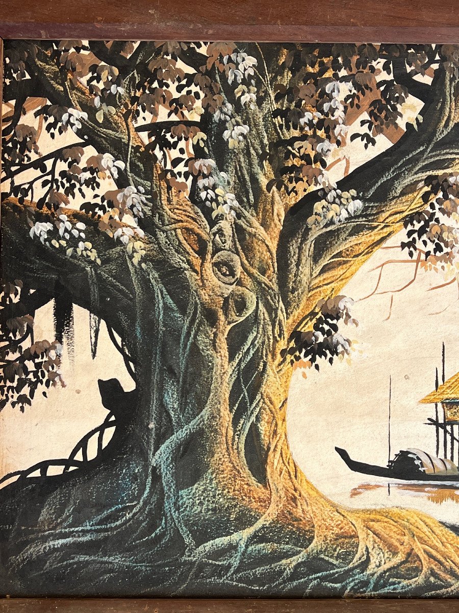 Landscape Painting On Framed Canvas, XXth Century, Burma