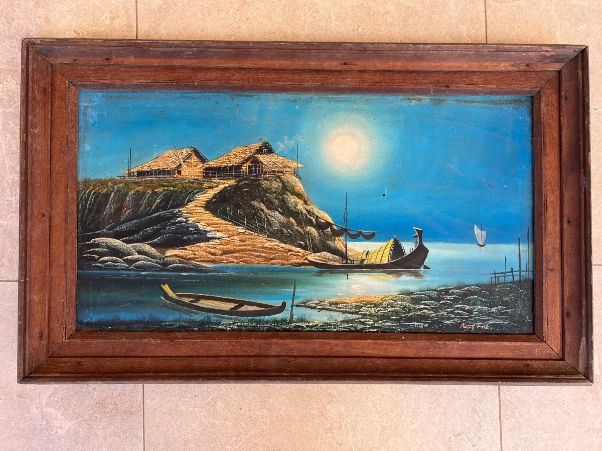 Paysage Peinture  Sur Toile  Encadré , XX é Siecle, Birmanie-photo-2