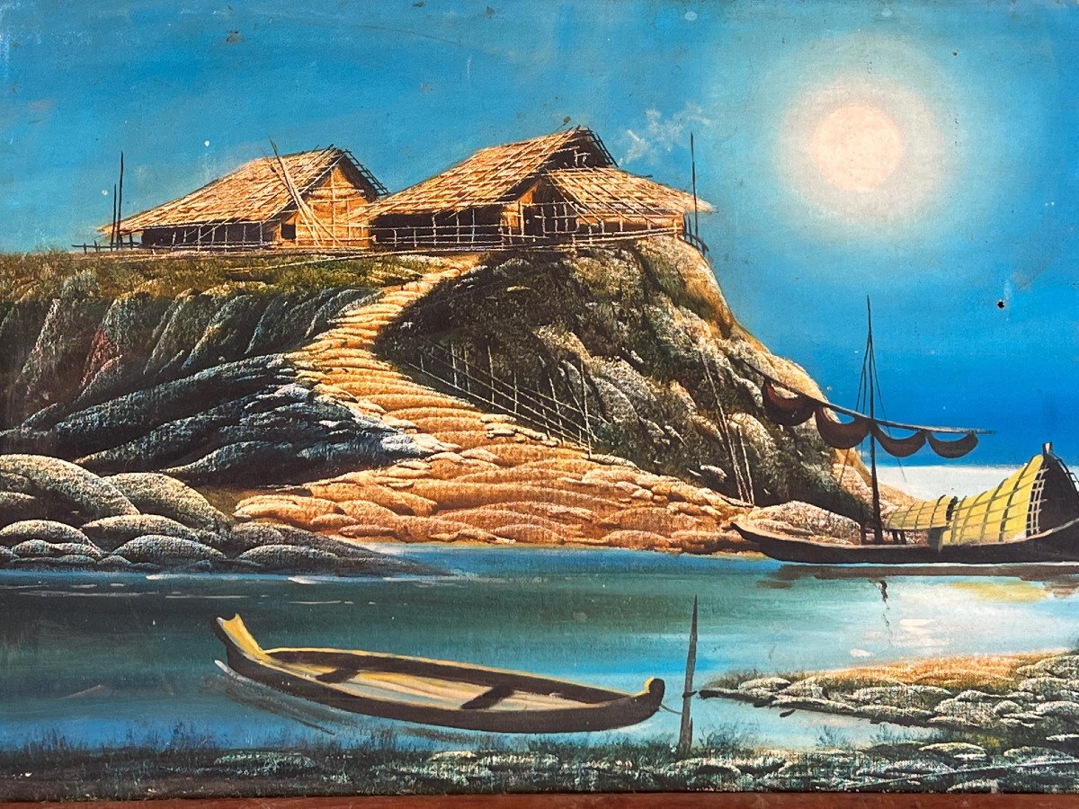 Paysage Peinture  Sur Toile  Encadré , XX é Siecle, Birmanie-photo-7