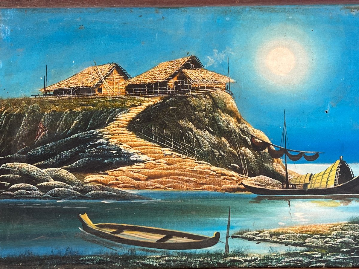Paysage Peinture  Sur Toile  Encadré , XX é Siecle, Birmanie-photo-8