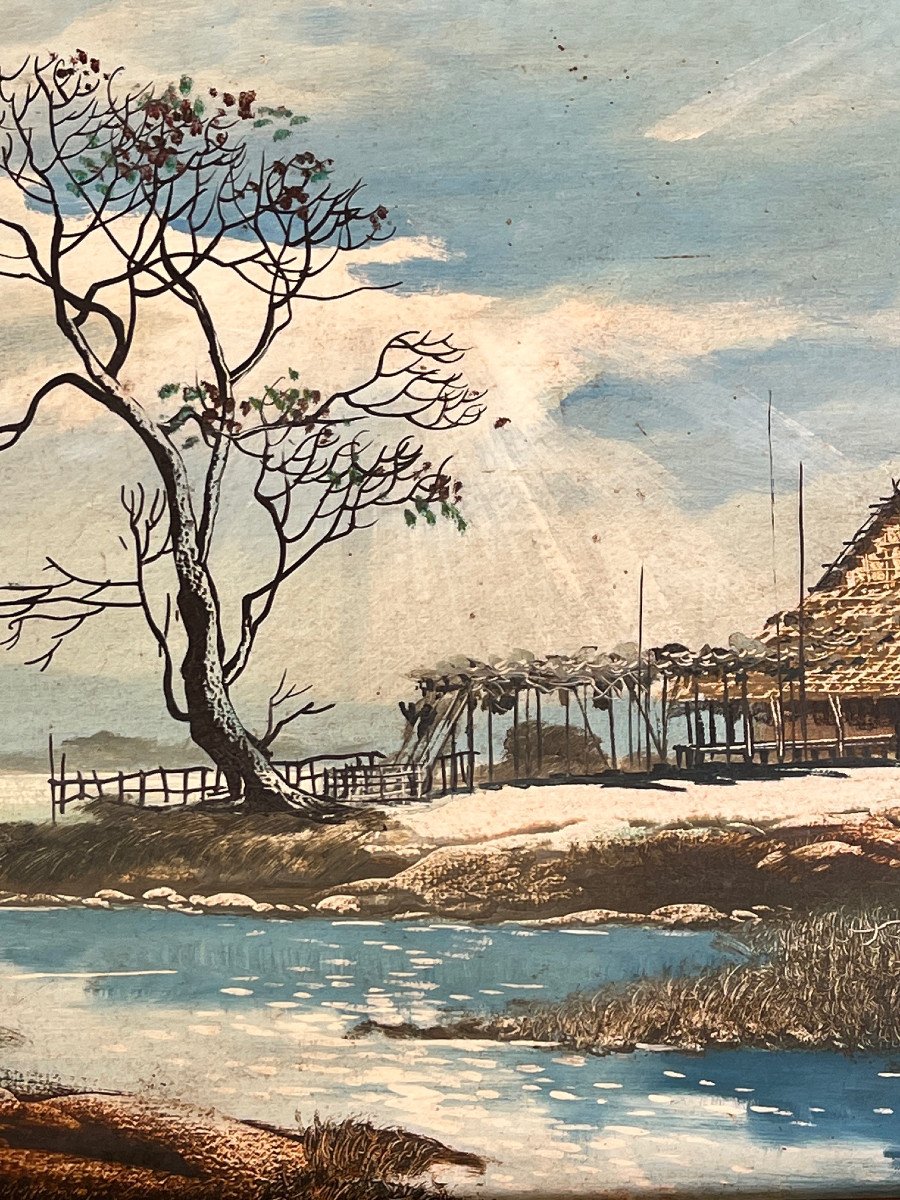 Landscape Painting On Framed Canvas, XXth Century, Burma-photo-5
