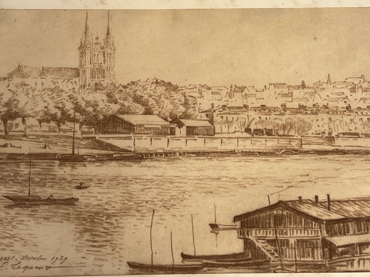 Paysage Port d'Angers  Crayon 1929 Par Emile Lequeux 