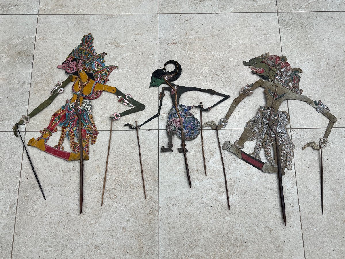 3 Buffalo Leather Puppets, Shadow Theater Bali Indonesia, XIXth Century-photo-2