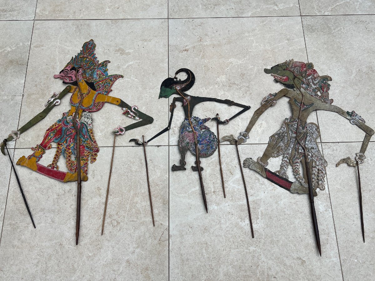 3 Buffalo Leather Puppets, Shadow Theater Bali Indonesia, XIXth Century-photo-1