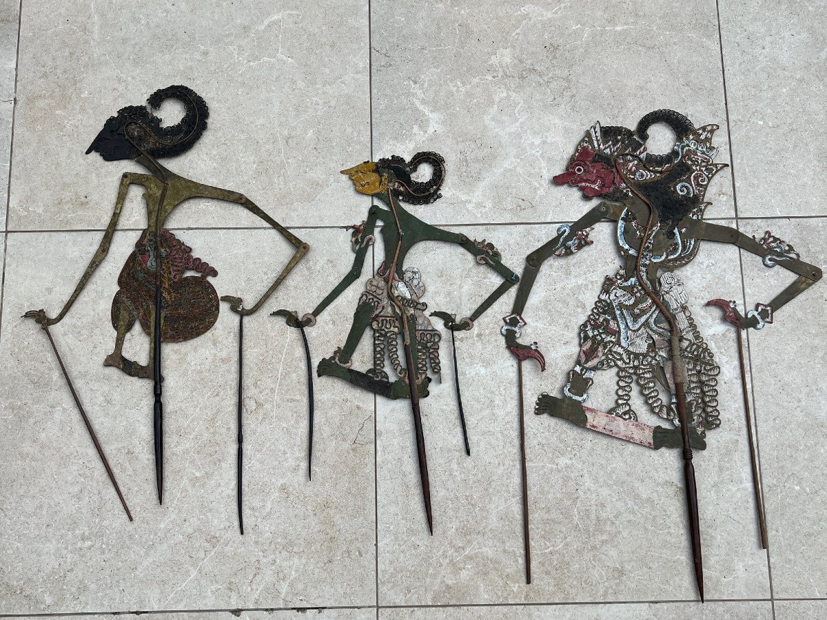 3 Marionnettes  Cuir Buffle ,theartre d'Ombre Bali Indonesie , XIX é Siècle-photo-2