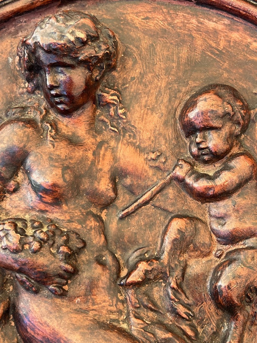 Satyress Playing With A Child Satyr Medallion In Terracotta After Clodion XIX Th Century-photo-1