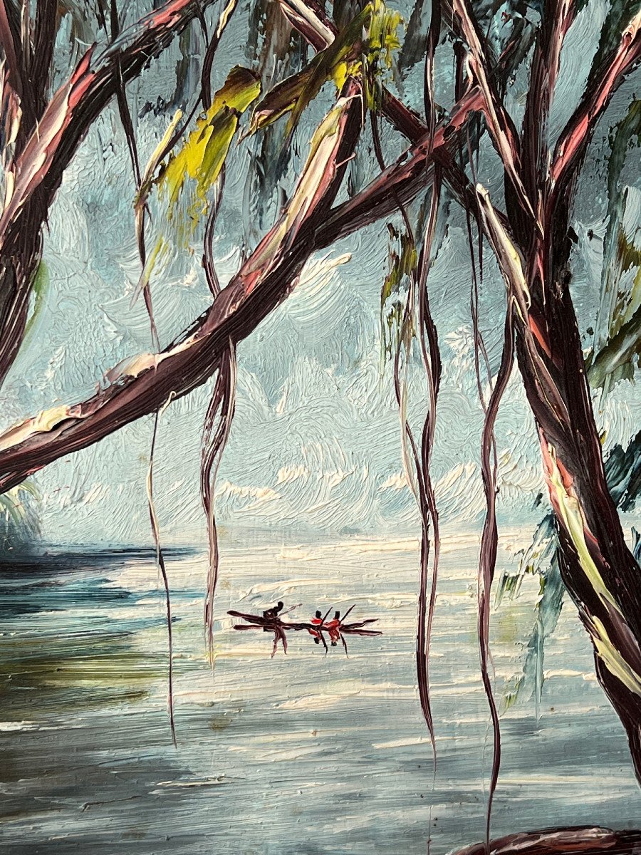 Jungle Landscape Painting On Framed Canvas, XXth Century, Burma-photo-4