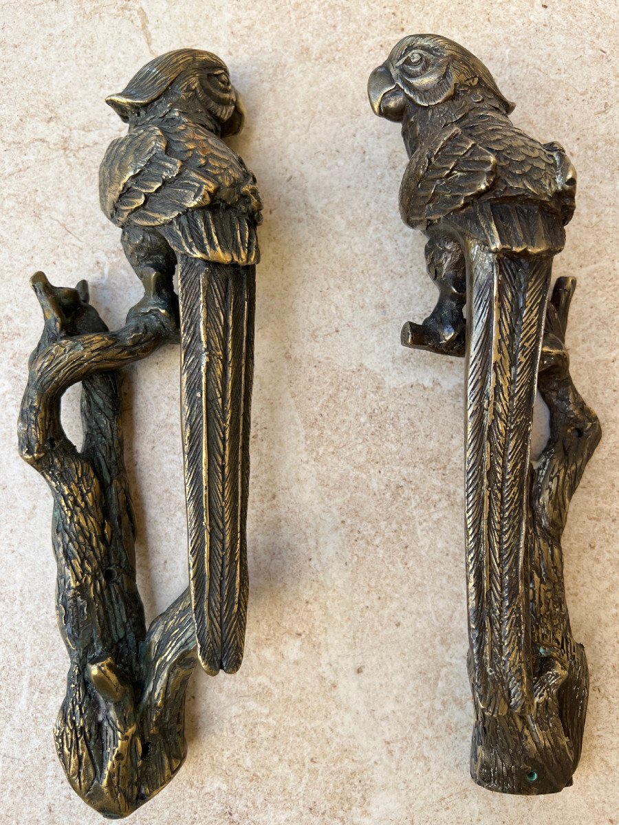 Pair Of Parrot Shaped Handle In Bronze, Mandalay Foundry, XXth Century Burma-photo-2