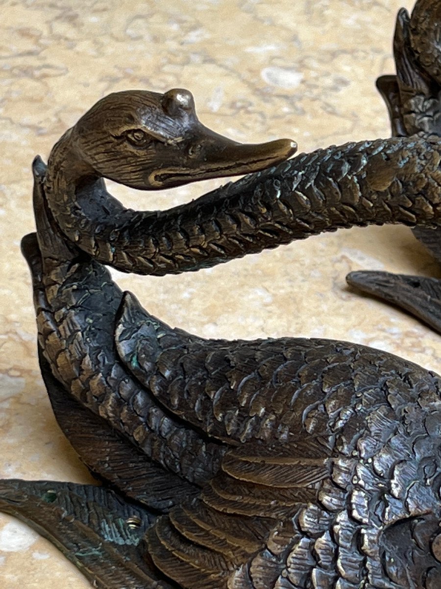 Pair Of Bronze Swan Shaped Handles, Mandalay Foundry, XXth Century Burma-photo-4