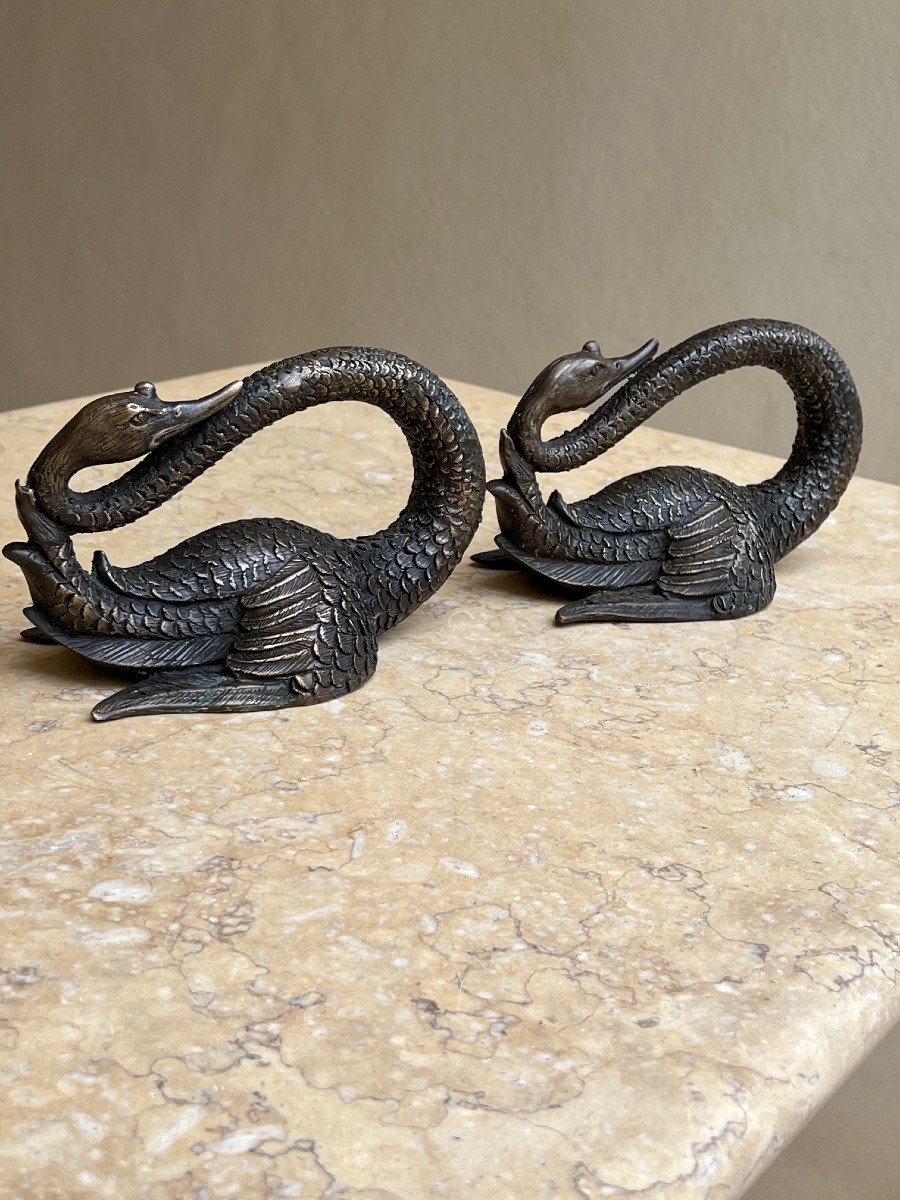 Pair Of Bronze Swan Shaped Handles, Mandalay Foundry, XXth Century Burma-photo-5