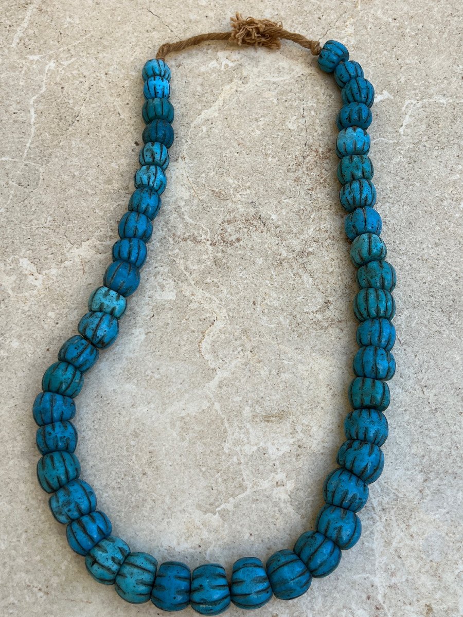 Rare Collier Perles En Pates Verre Bleue Lobées ,mishing Ethnie , Arunachal Pradesh , India-photo-2