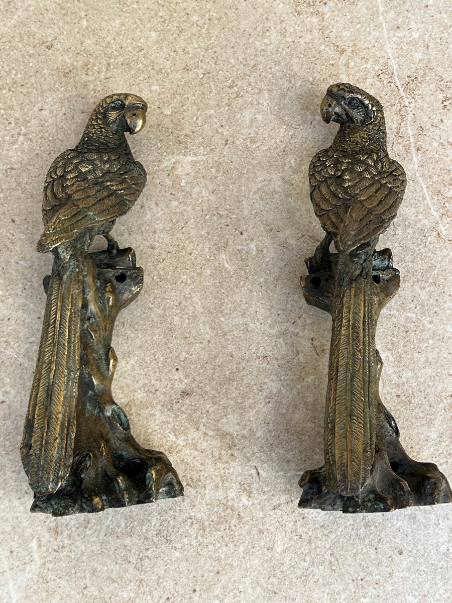 Pair Of Parrot Shaped Handle In Bronze, Mandalay Foundry, XXth Century Burma-photo-2