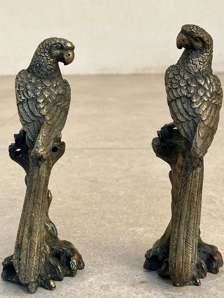 Pair Of Parrot Shaped Handle In Bronze, Mandalay Foundry, XXth Century Burma-photo-3