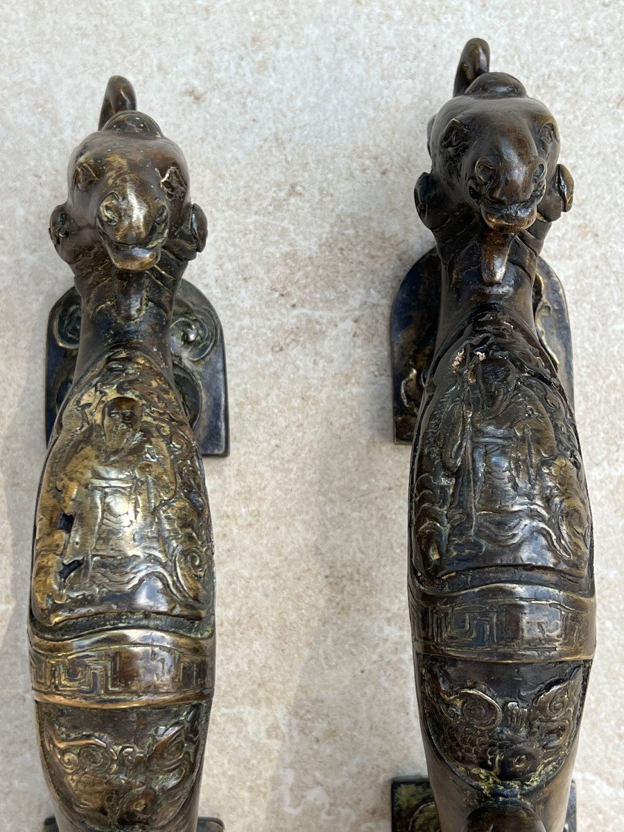 Paire De Poignée Forme Eléphant De Mer En Bronze, Fonderie De Mandalay ,xx é Siecle Birmanie-photo-8