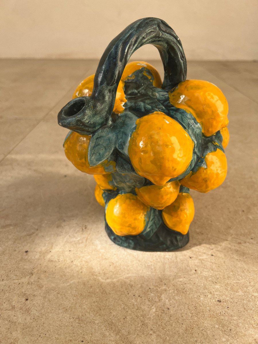 Rare Barbotine Carafe With Lemon Decor Circa 1960 France-photo-3