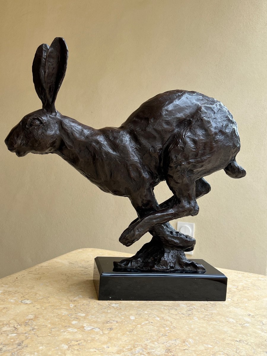 Hare, Animal Bronze On Black Marble-photo-1