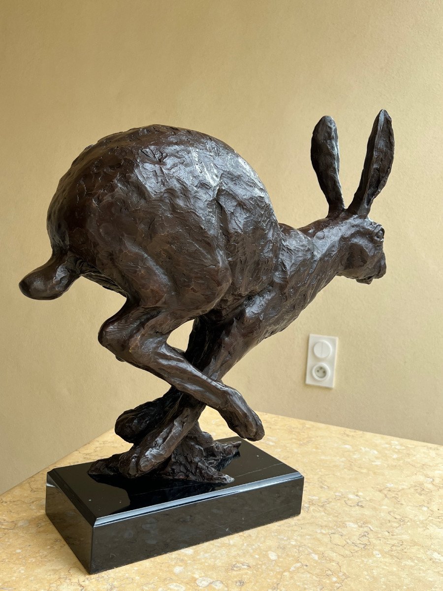 Hare, Animal Bronze On Black Marble-photo-2