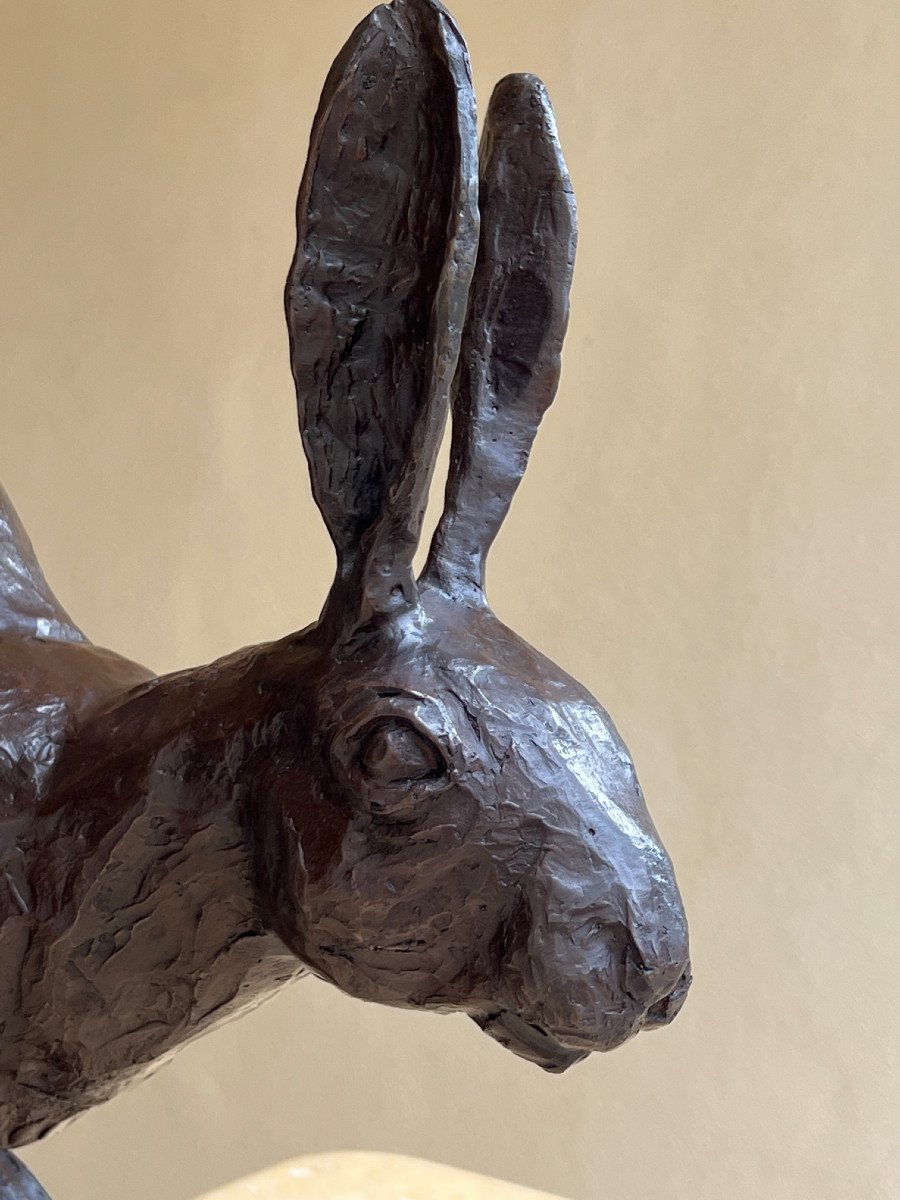 Hare, Animal Bronze On Black Marble-photo-6