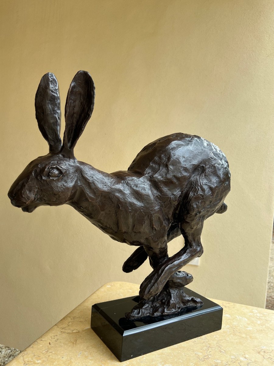 Hare, Animal Bronze On Black Marble-photo-7