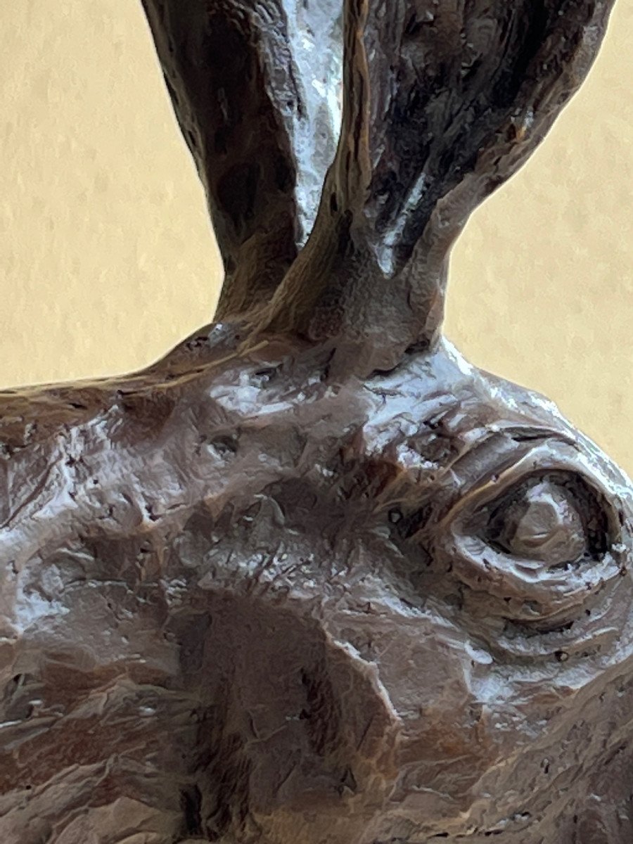 Hare, Animal Bronze On Black Marble