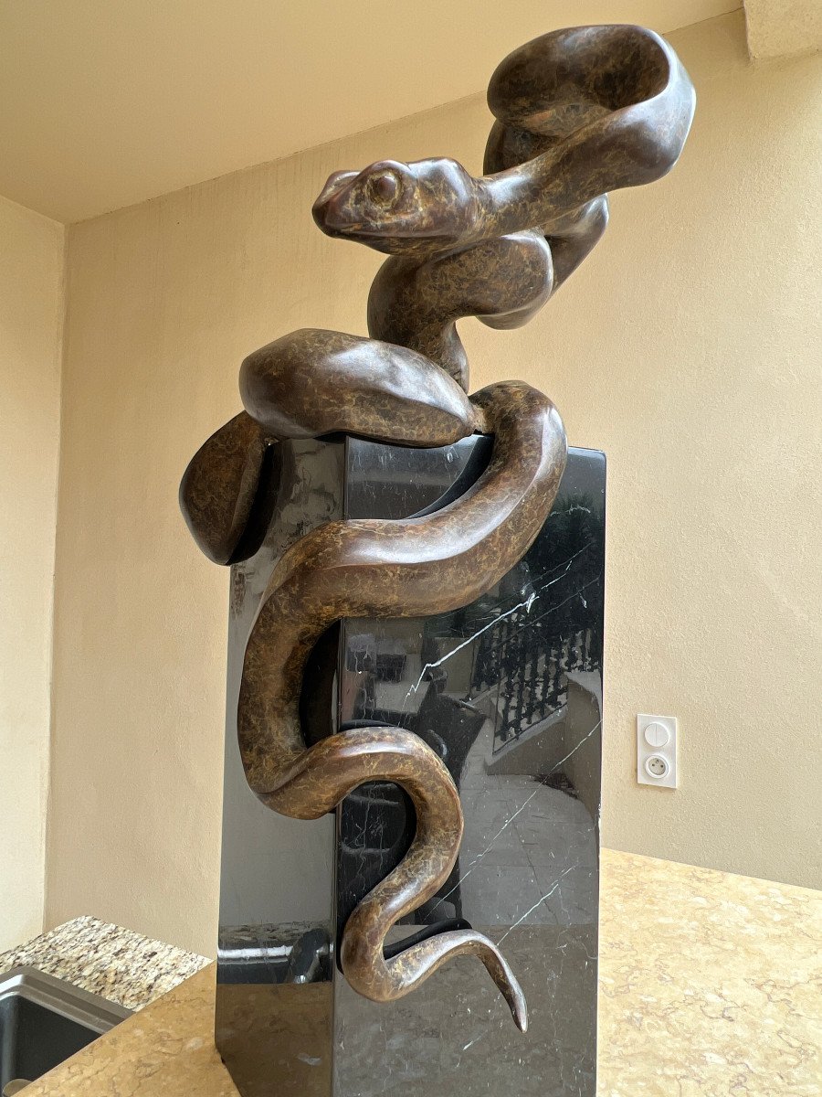  Bronze Animalier hyperréaliste  Serpent Sur Socle Marbre Noir  XXé Siécle .-photo-4