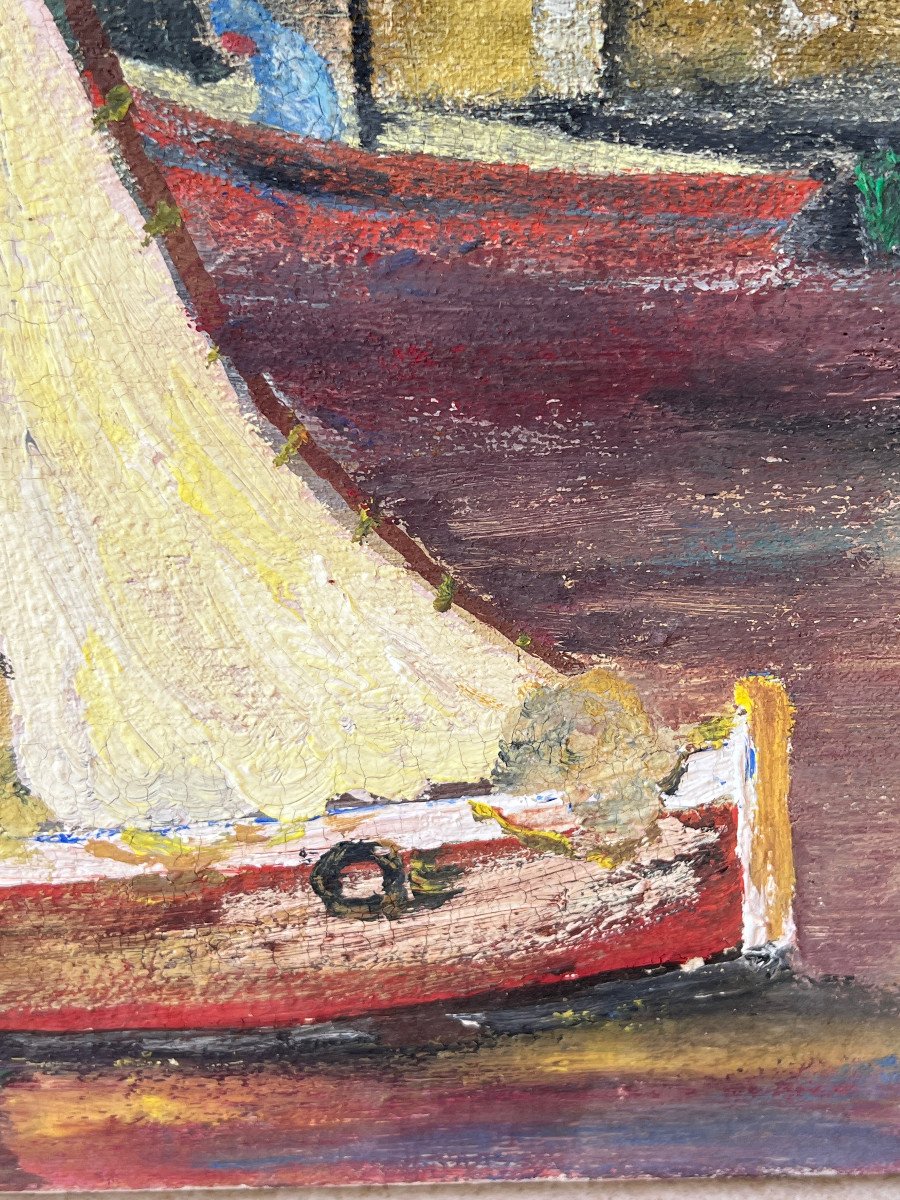 Paysage Marine Port De Mediteranée Huile Sur Toile XXé Siecle -photo-4