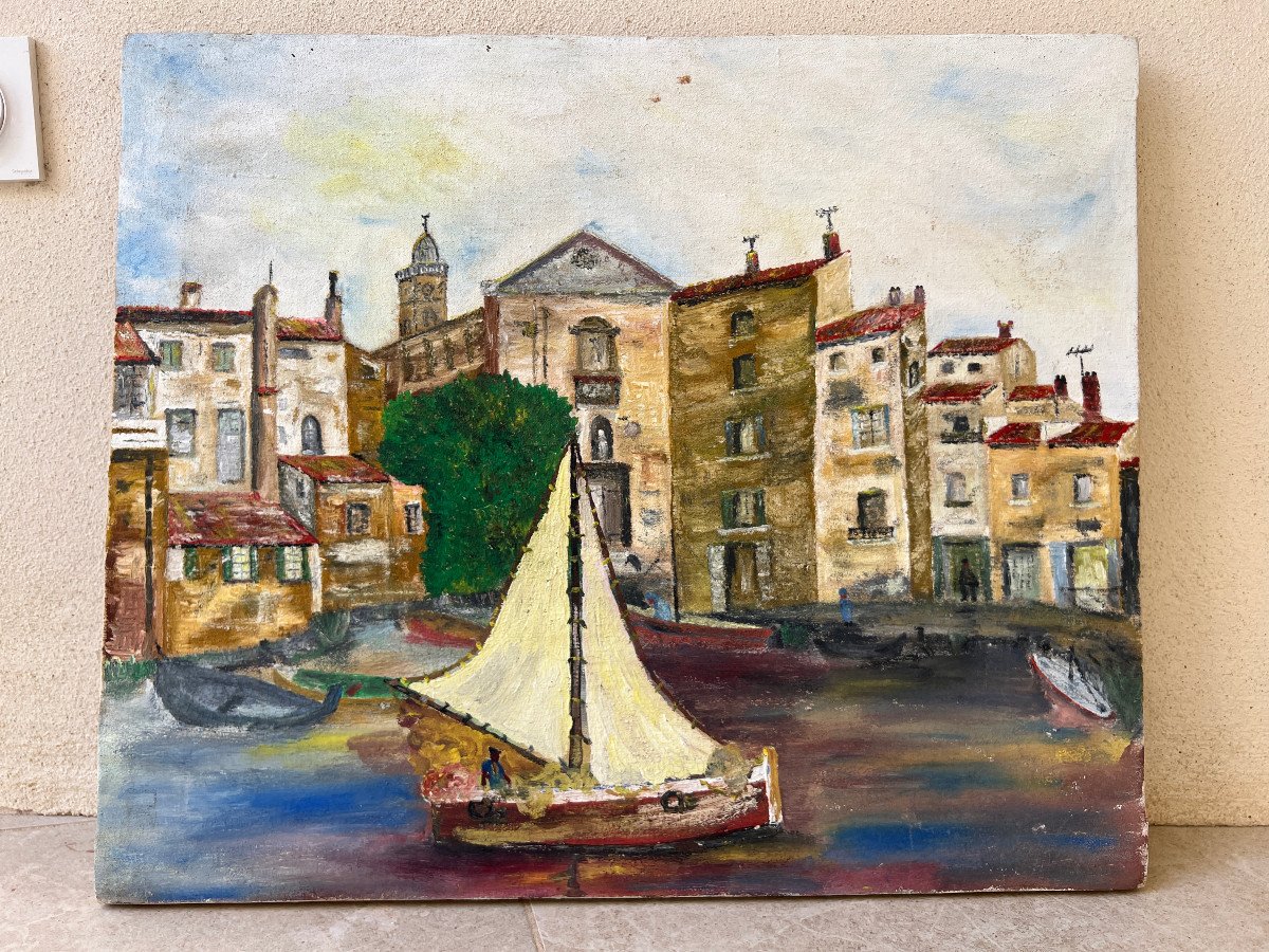 Paysage Marine Port De Mediteranée Huile Sur Toile XXé Siecle -photo-1
