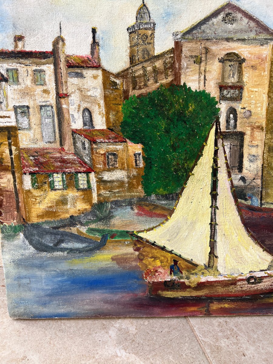 Paysage Marine Port De Mediteranée Huile Sur Toile XXé Siecle -photo-2