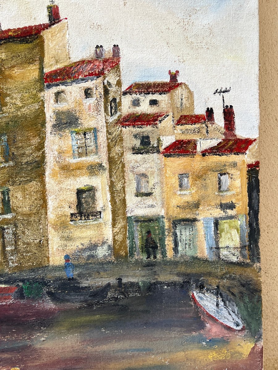 Paysage Marine Port De Mediteranée Huile Sur Toile XXé Siecle -photo-5
