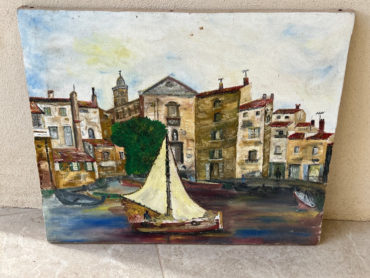 Paysage Marine Port De Mediteranée Huile Sur Toile XXé Siecle -photo-7