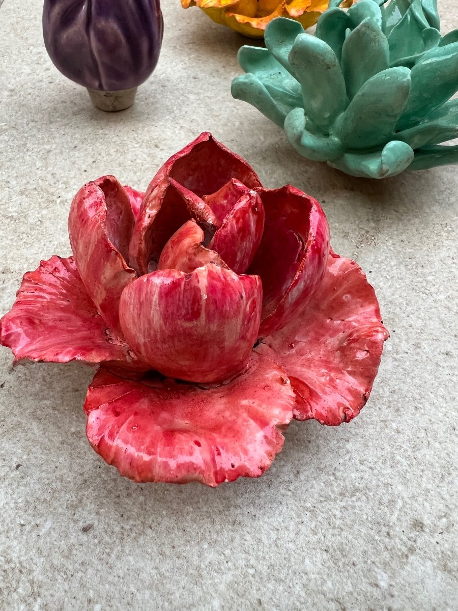 Lot De Dix Fleurs Céramique émaillée XX E Siècle -photo-7