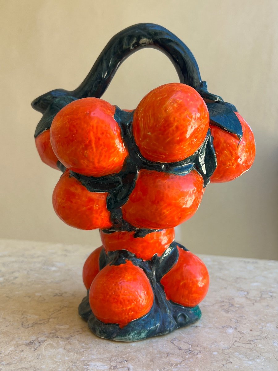 Barbotine Carafe With Clementine Decor XX Century -photo-7