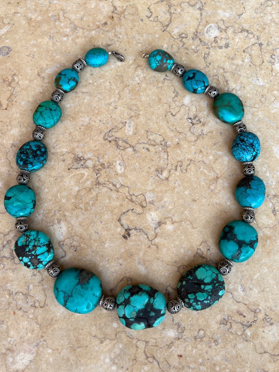 Collier Ras De Cou Turquoise Et Argent -photo-2