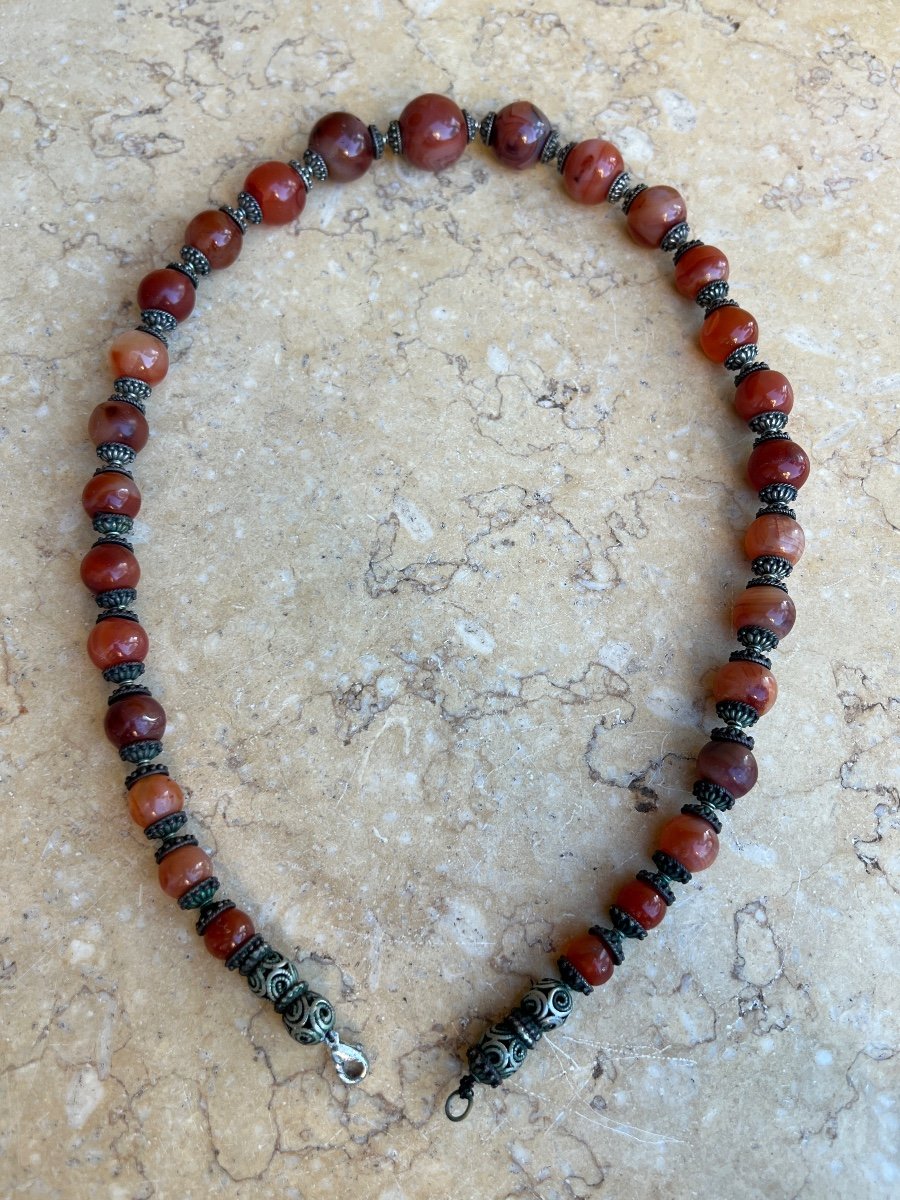 Necklace In Carnelian Beads And Silver Beads 19th Century Burma -photo-7