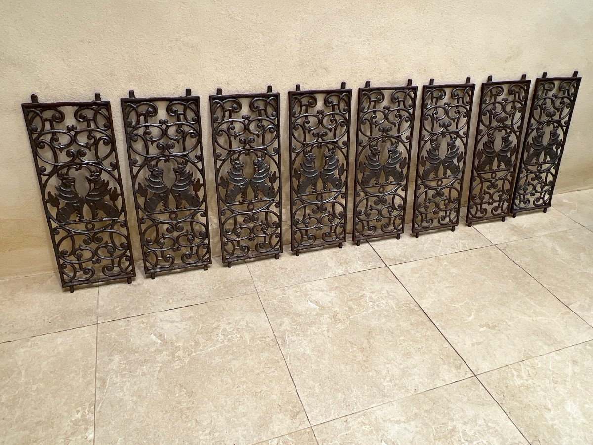 8 Cast Iron Foo Dog Grilles English Colonial House Rangoon Burma, Late 19th Century
