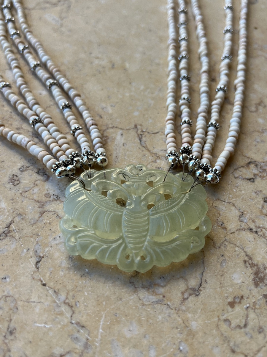 Collier Multirang perles pate verre rondelles argent médaillon fermoir jade vert Birmanie -photo-4