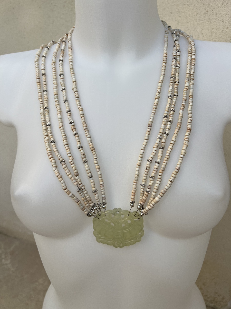Collier Multirang perles pate verre rondelles argent médaillon fermoir jade vert Birmanie -photo-5