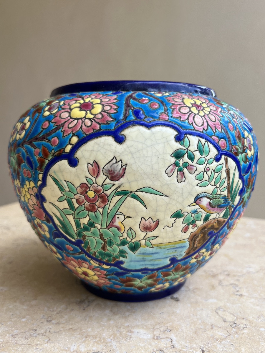 Vase émaux de longwy décor aux 2 Martin pêcheur art deco -photo-2