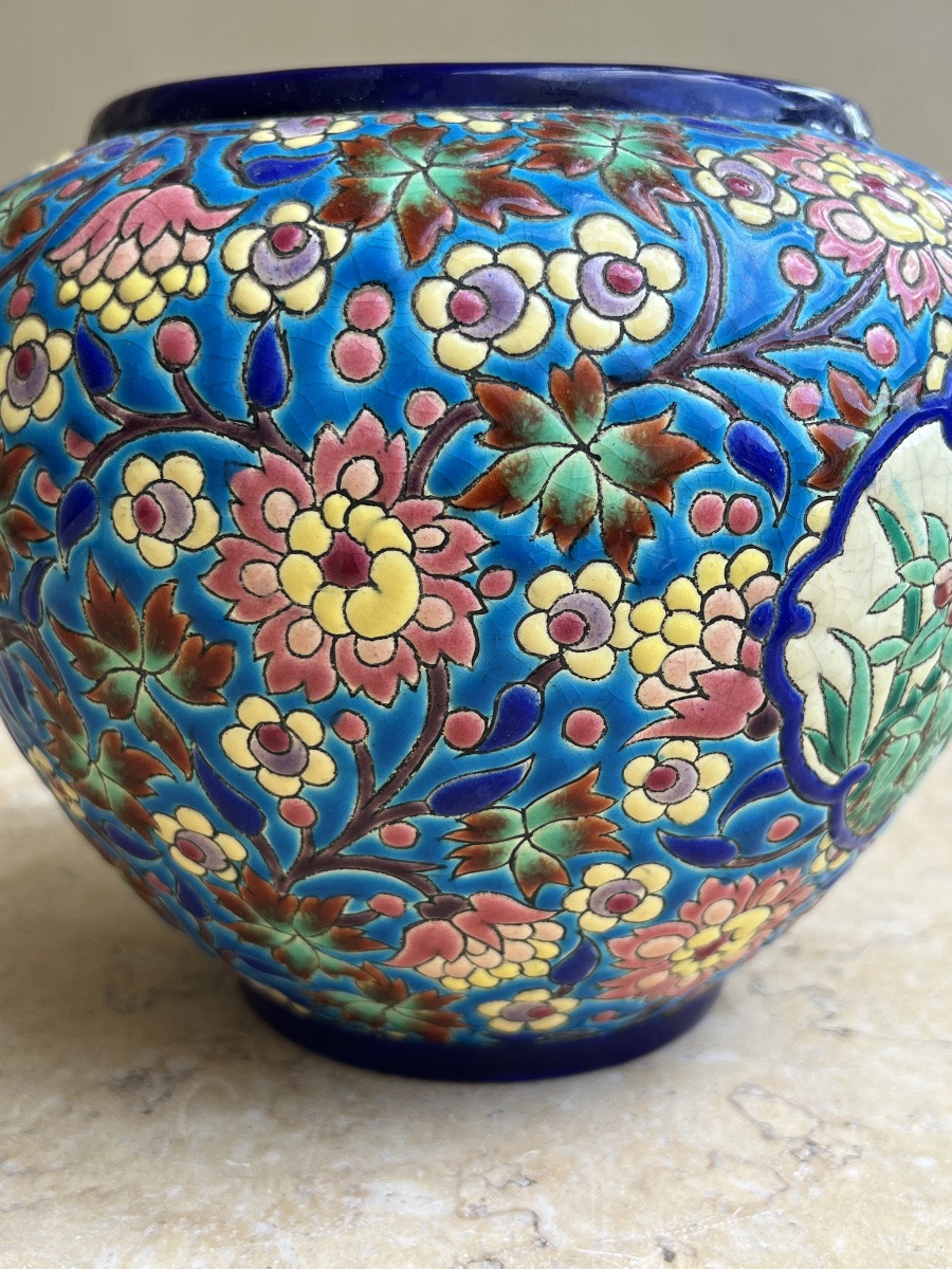 Vase émaux de longwy décor aux 2 Martin pêcheur art deco -photo-3