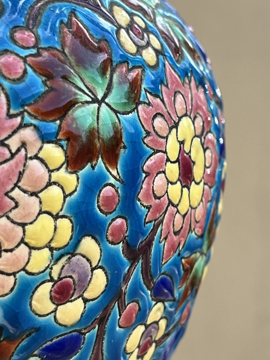 Vase émaux de longwy décor aux 2 Martin pêcheur art deco -photo-6