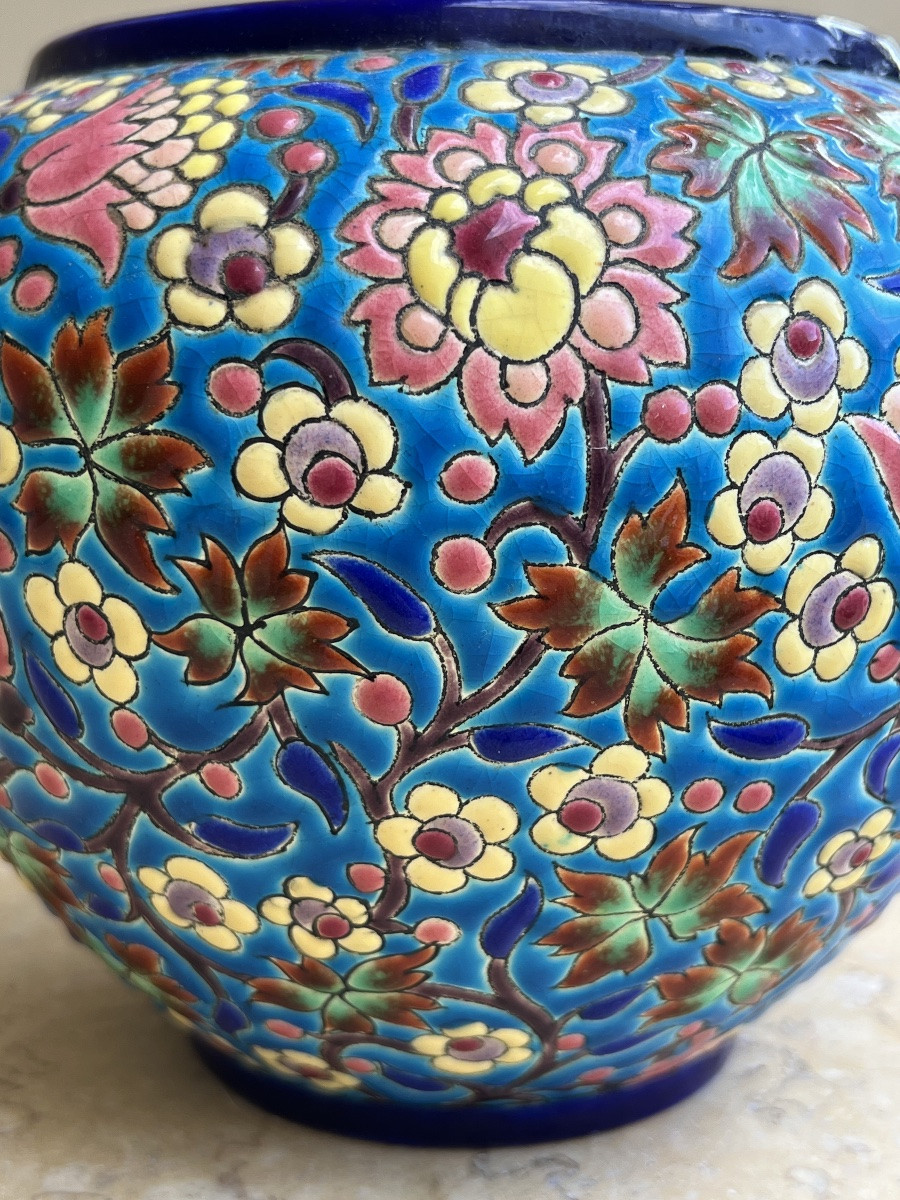 Vase émaux de longwy décor aux 2 Martin pêcheur art deco -photo-8