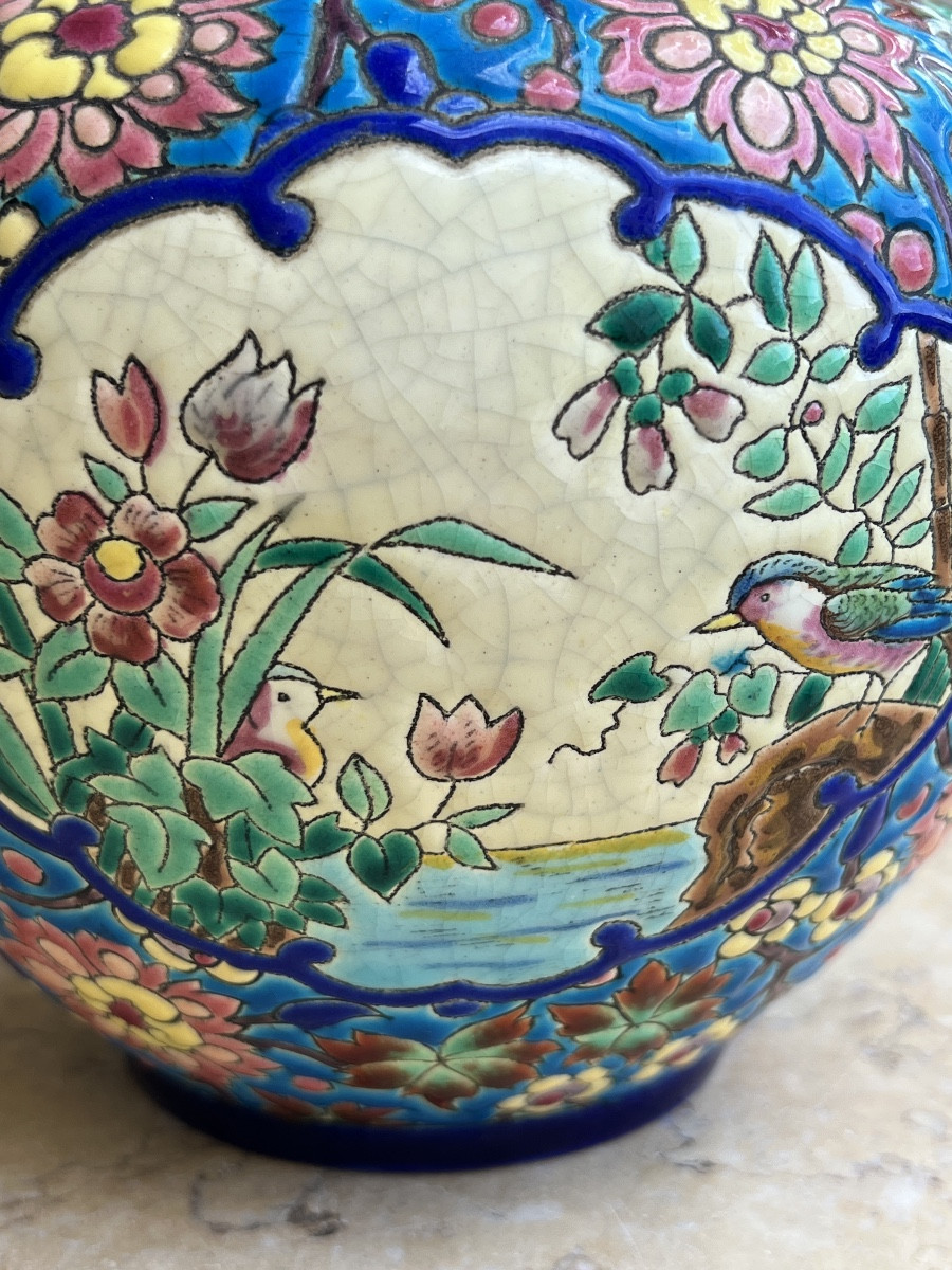 Vase émaux de longwy décor aux 2 Martin pêcheur art deco 